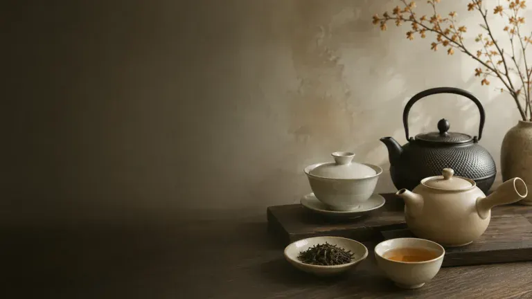 Headerbild: moderne Tee-Luxe Teekannen-Szene mit Kyusu, Gaiwan und gusseiserner Kanne auf ruhigem warmem Hintergrund