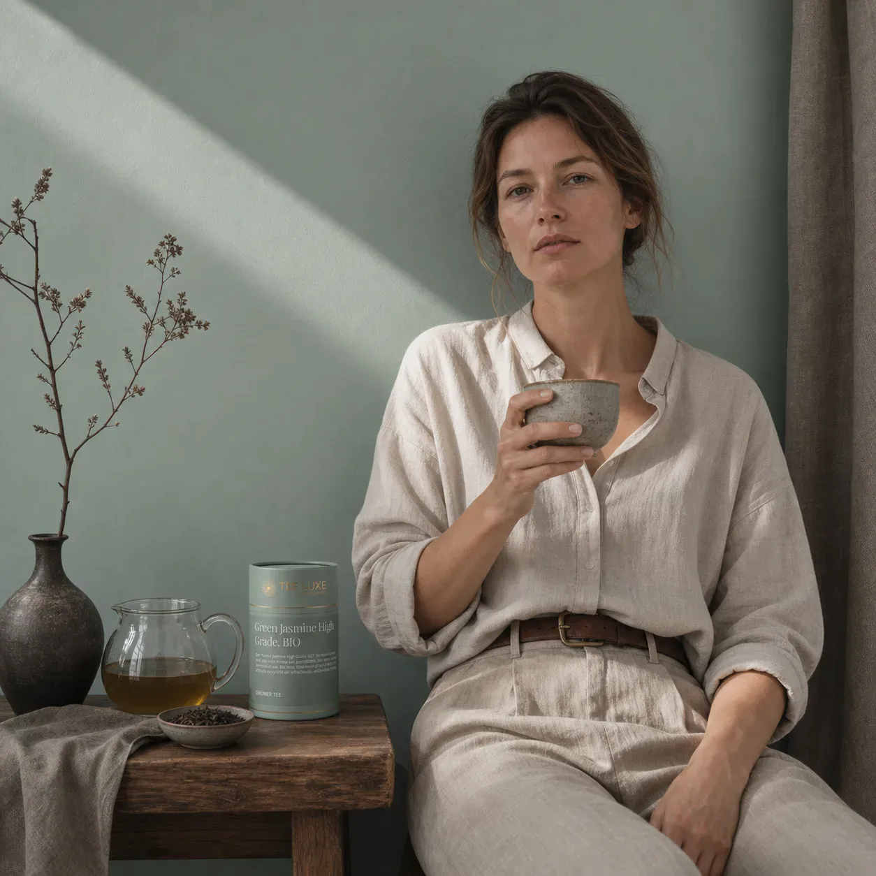 Green Jasmine High Grade Grüner Tee – Lifestyle-Aufnahme mit Tasse und natürlicher Dekoration