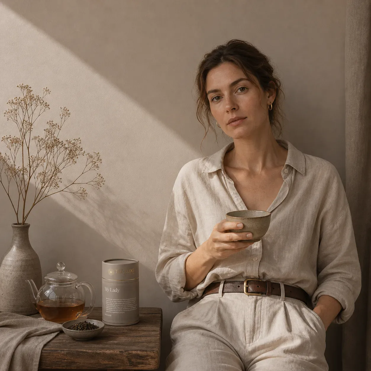 My Lady Kräuter Tee – Lifestyle-Aufnahme mit Tasse und natürlicher Dekoration