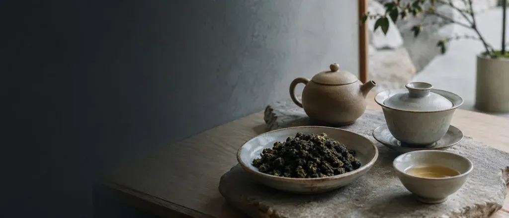 Oolong Tee mit Gaiwan, Teekanne, losen Oolong-Blaettern und heller Teetasse im Tee-Luxe Stil