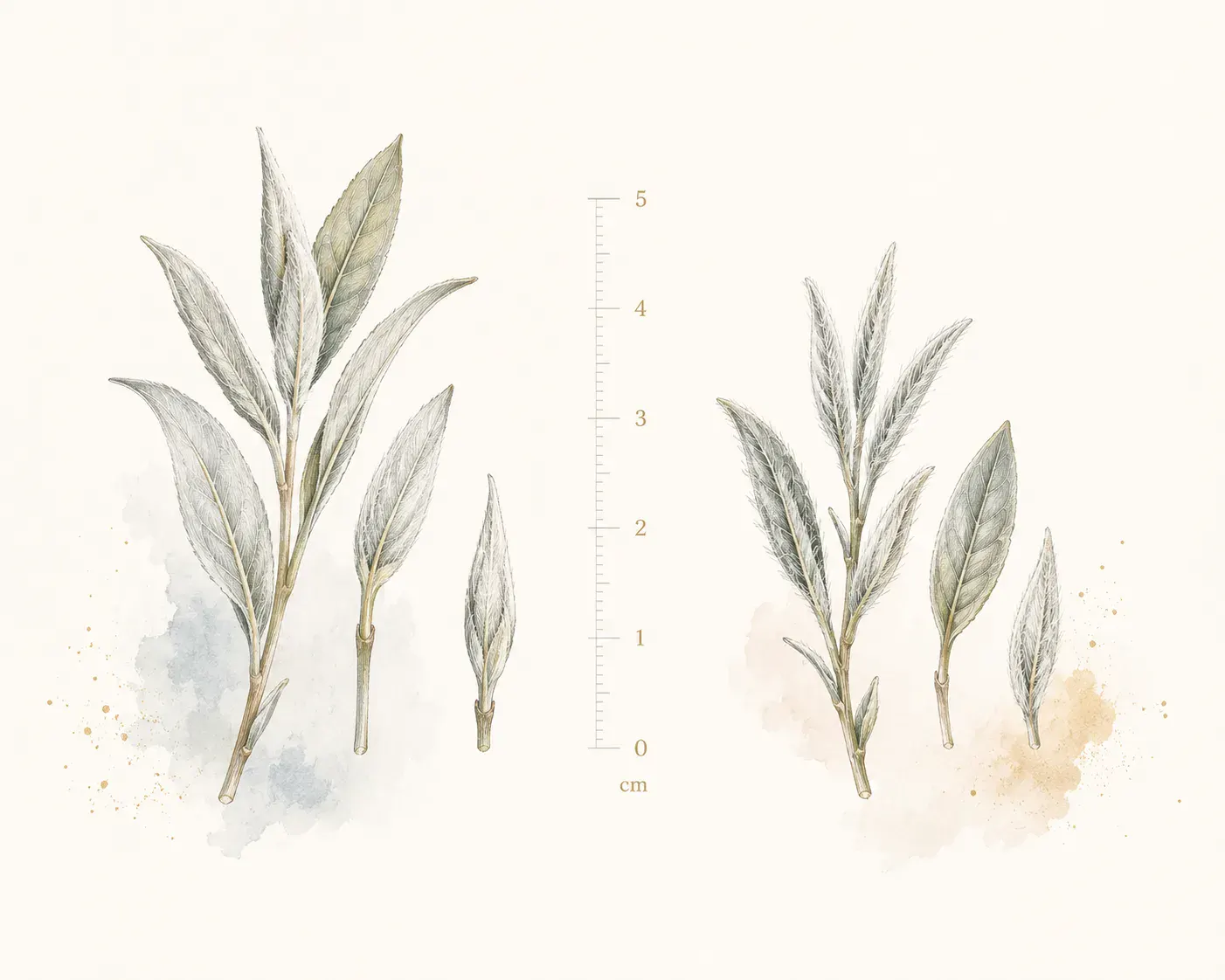 Botanische Skizze zu Blattgrössen bei weissem Tee mit Da-Bai- und Da-Hao-artigen Knospen neben Zentimeter-Skala