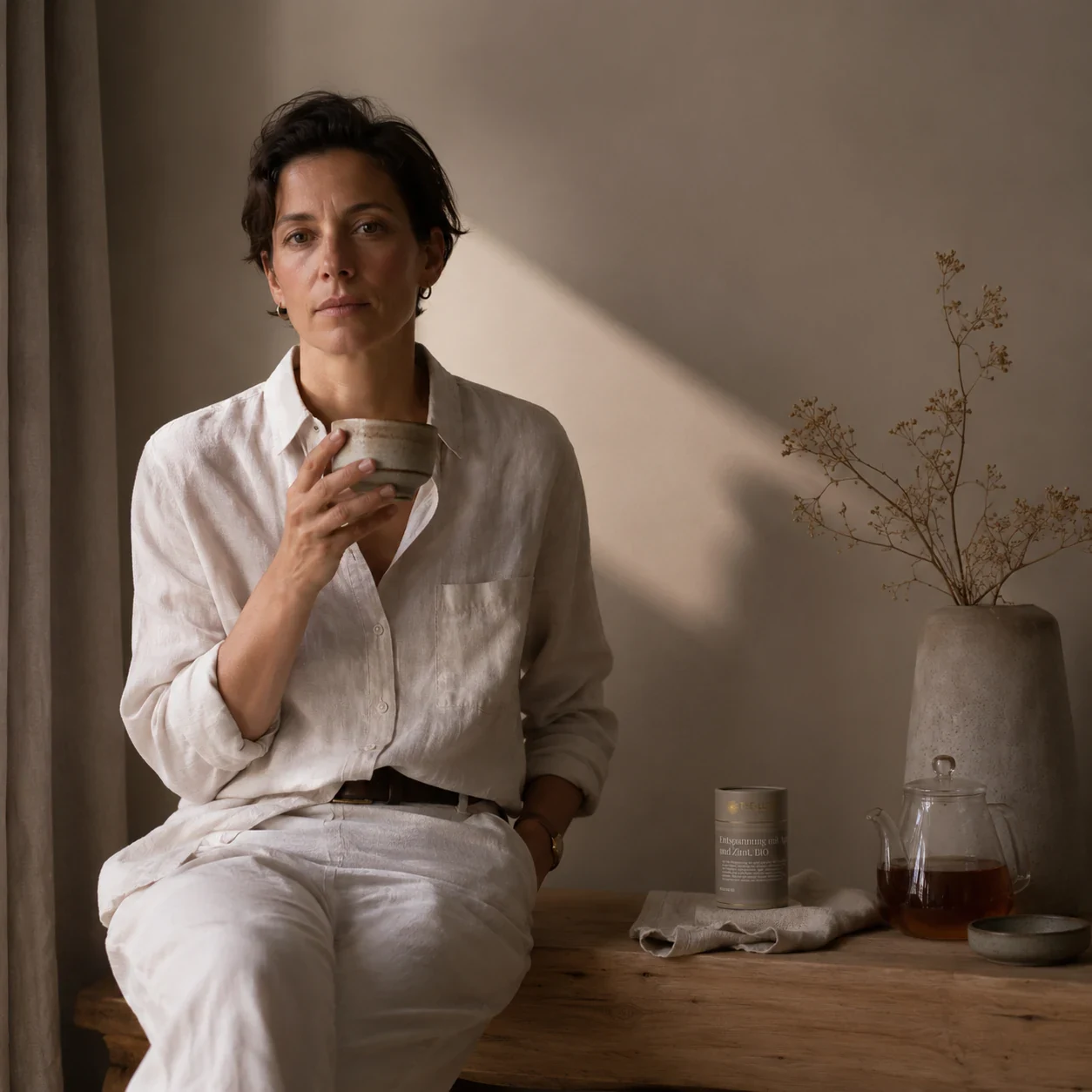 Tee-Luxe Entspannung mit Apfel und Zimt Teedose in ruhiger Lifestyle-Szene