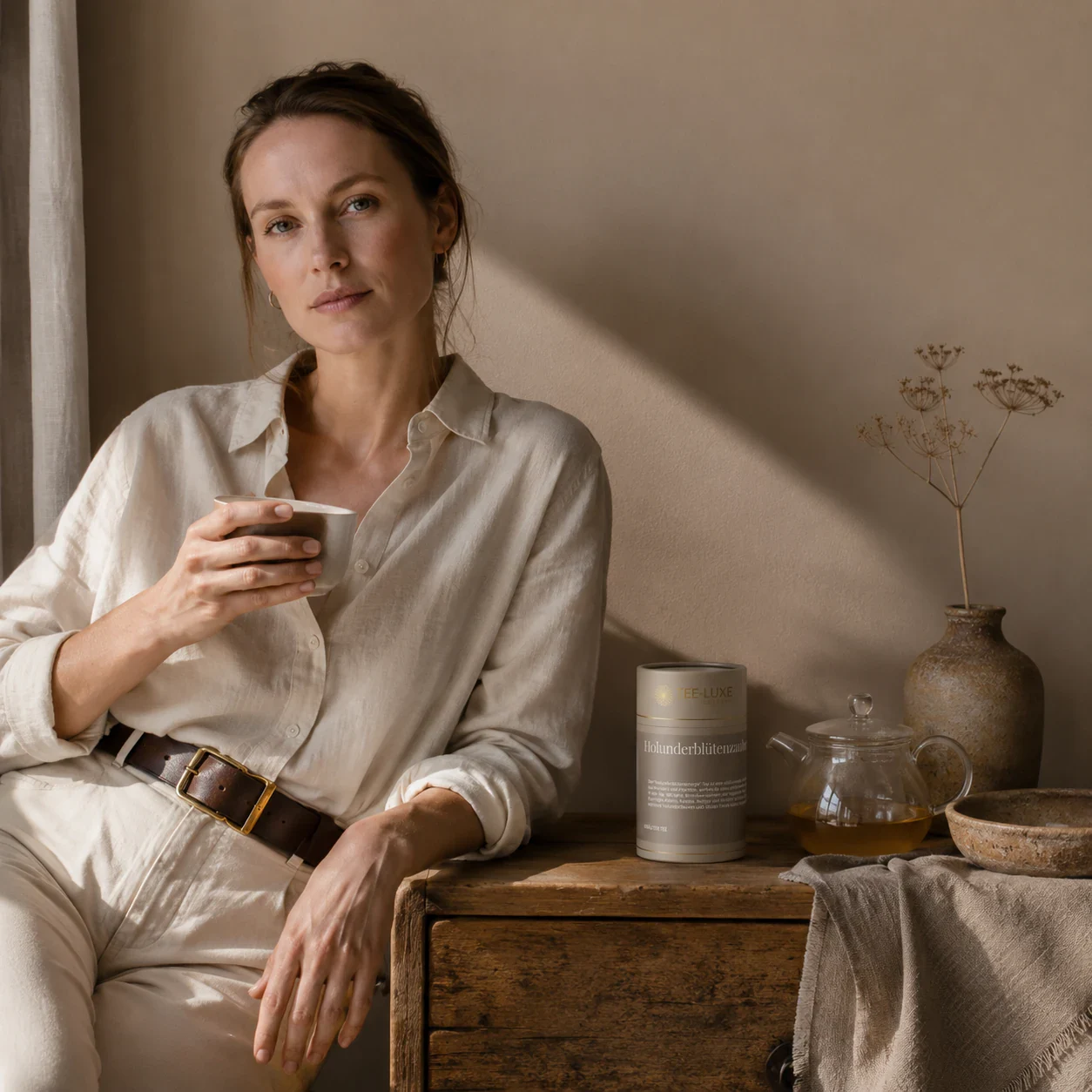 Tee-Luxe Holunderblütenzauber Teedose in ruhiger Lifestyle-Szene