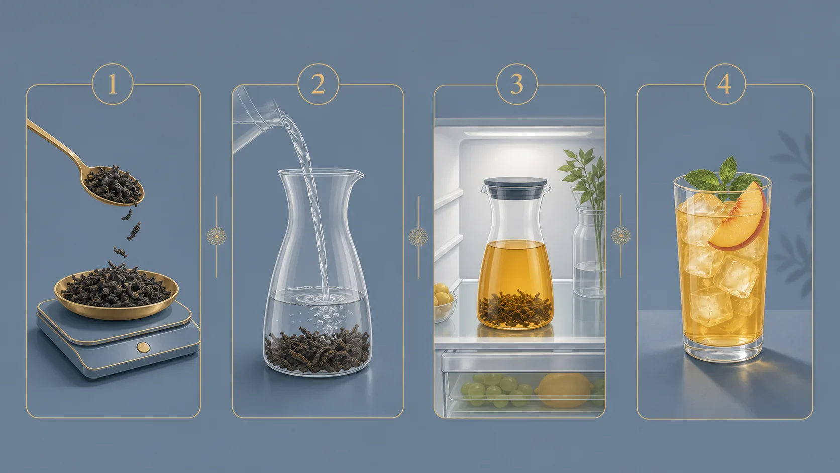 Illustration mit vier Schritten für Oolong Cold Brew: Oolong-Blätter abmessen, kaltes Wasser aufgiessen, im Kühlschrank ziehen lassen und auf Eis servieren.