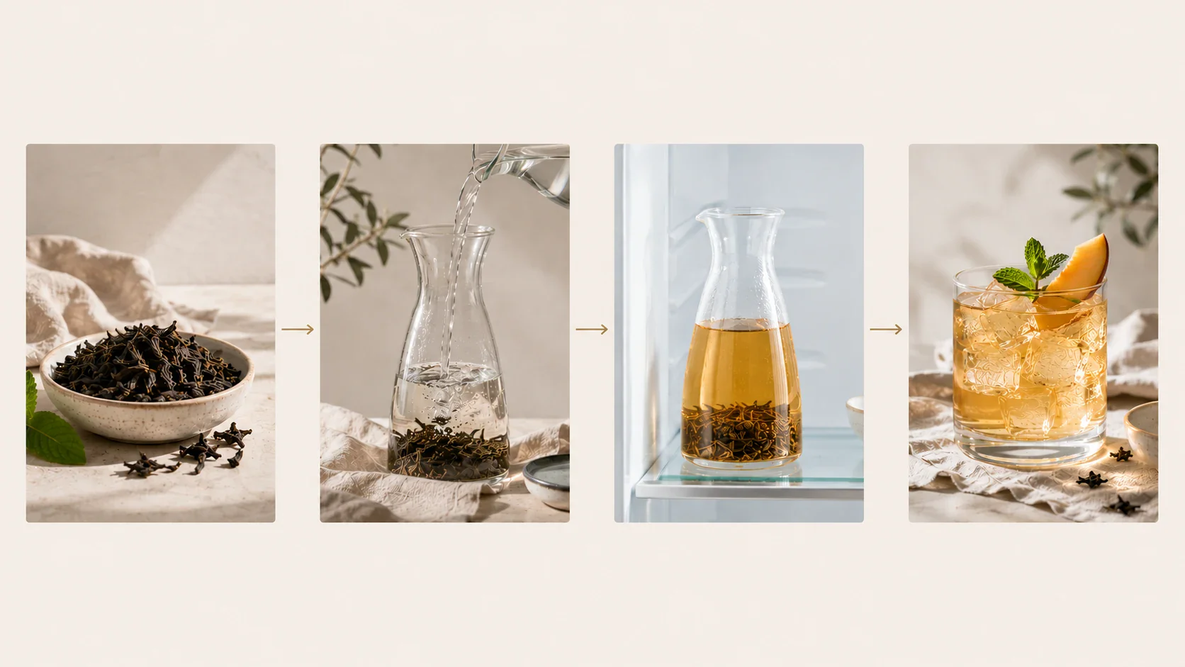 Vier visuelle Schritte f&uuml;r Oolong Cold Brew: Oolong-Bl&auml;tter, kaltes Wasser, Ziehen im K&uuml;hlschrank und Servieren auf Eis.