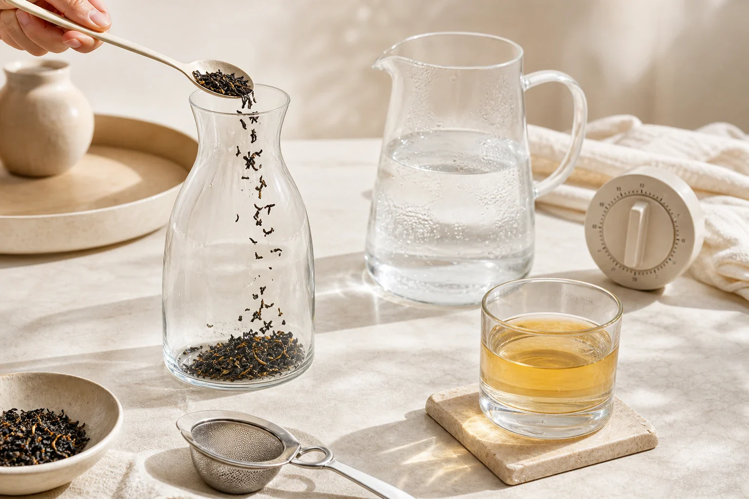 Cold Brew Tee Zubereitung mit Teelöffel, Karaffe, Glas und Zeit-Symbol